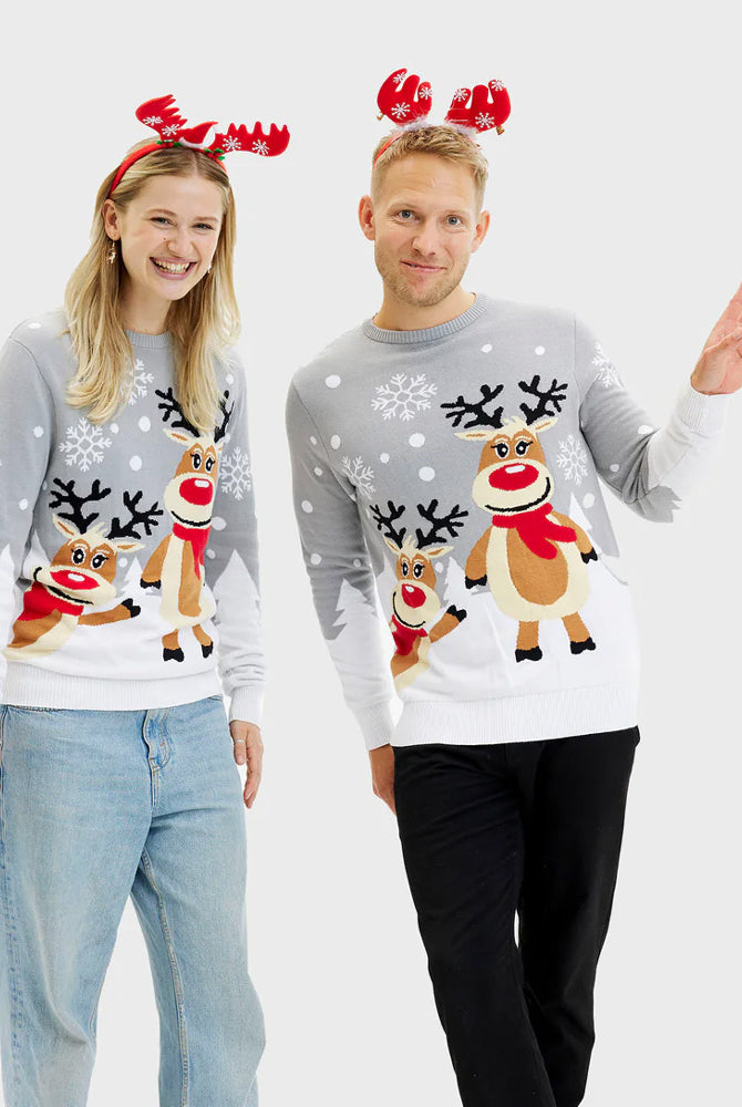 Grey Organic Cotton Christmas Jumper Cute Reindeers Couples