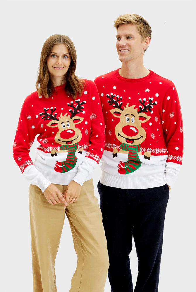 Organic Cotton Couples Christmas Jumper Reindeer with Scarf