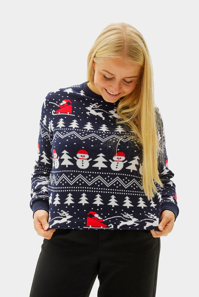 Organic Cotton Couple's Christmas Jumper with Trees, Snowmen and Santa womens