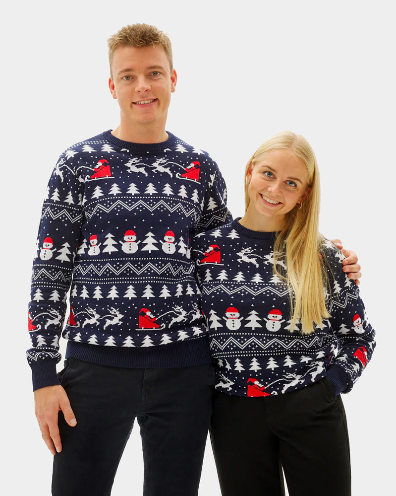 Organic Cotton Couple's Christmas Jumper with Trees, Snowmen and Santa