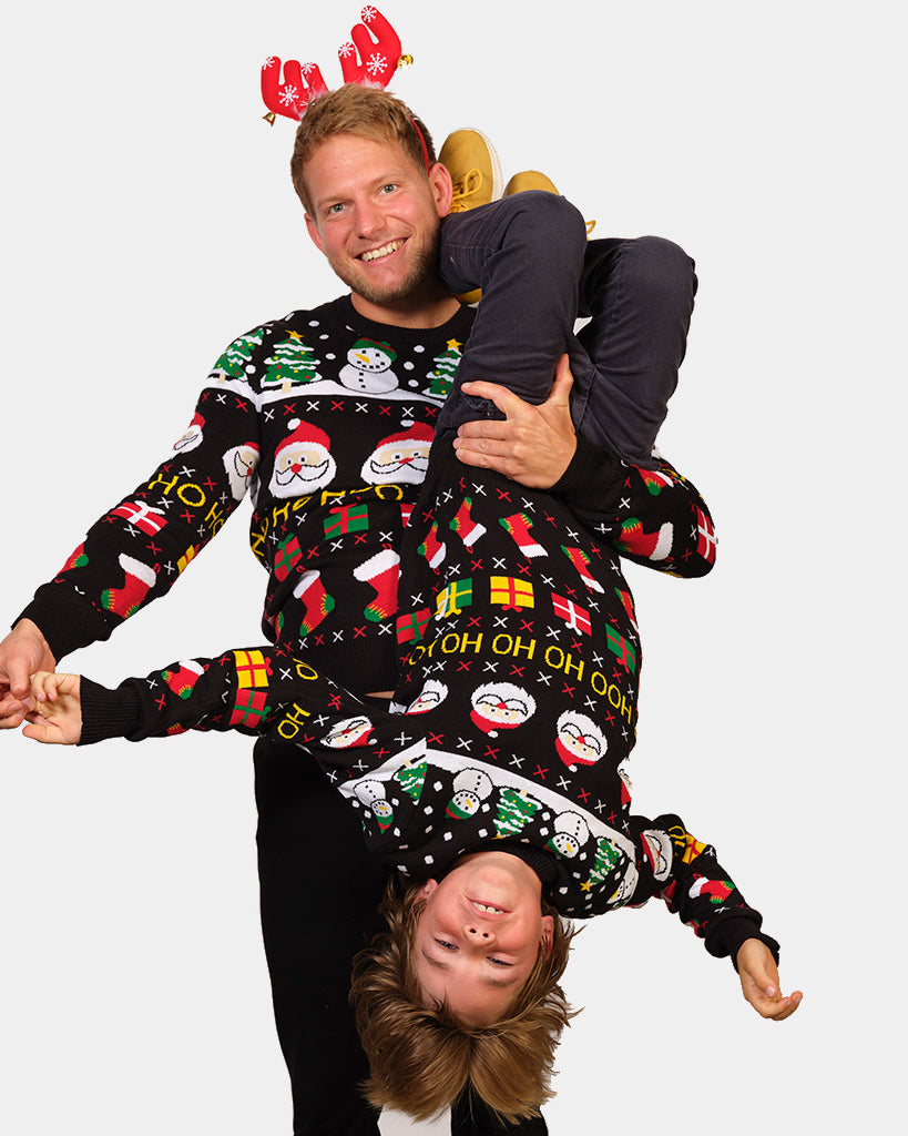 Mens Boys Organic Cotton Family Christmas Jumper with Santa, Gifts and Snowmen