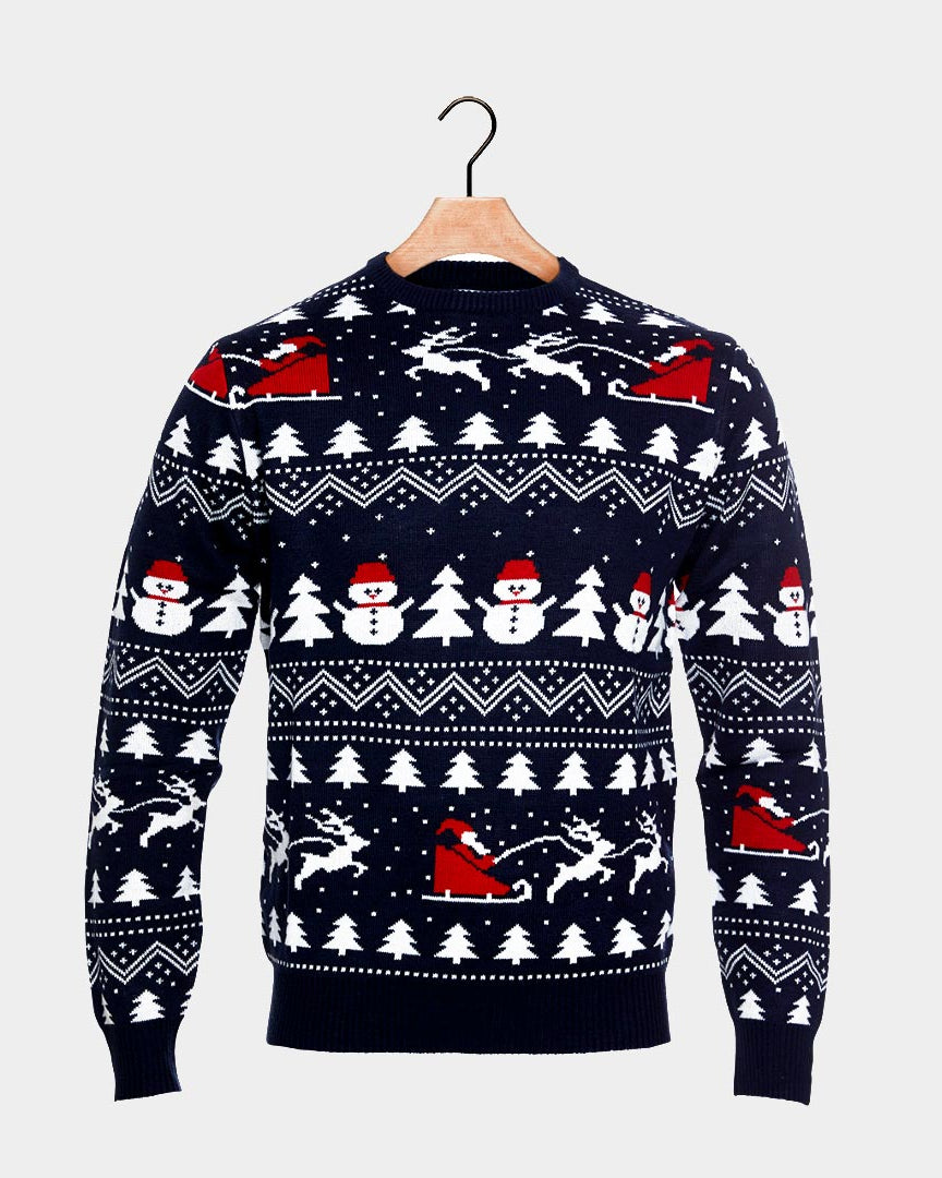 Organic Cotton Family Blue Santa Christmas Jumper Trees Snowmen