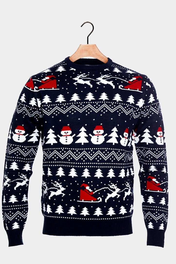 Organic Cotton Family Blue Santa Christmas Jumper Trees Snowmen