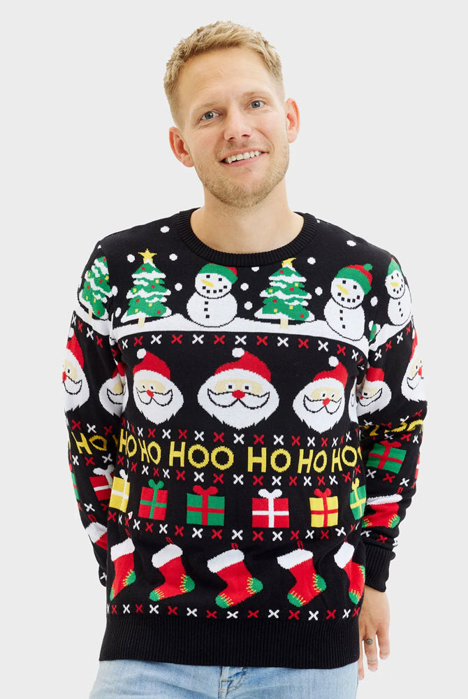 Organic Cotton Men's Christmas Jumper with Santa, Gifts and Snowmen