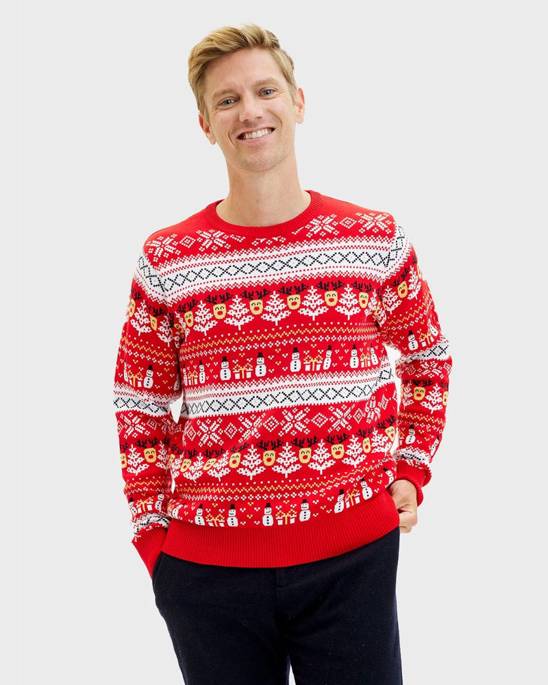 Organic Cotton Mens Christmas Jumper Snowmen Trees Red