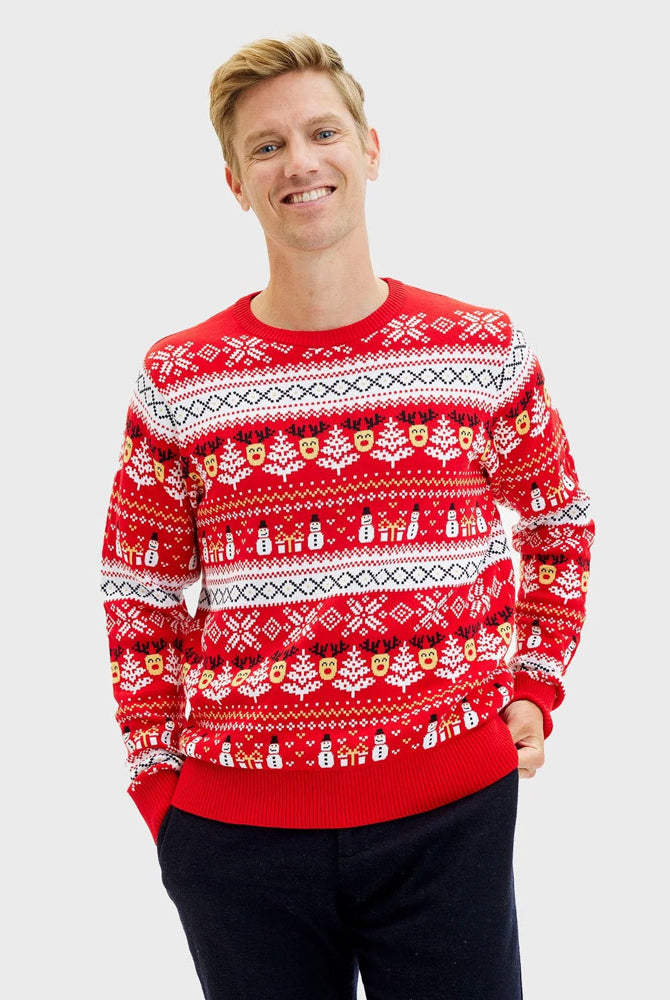 Organic Cotton Mens Christmas Jumper Snowmen Trees Red
