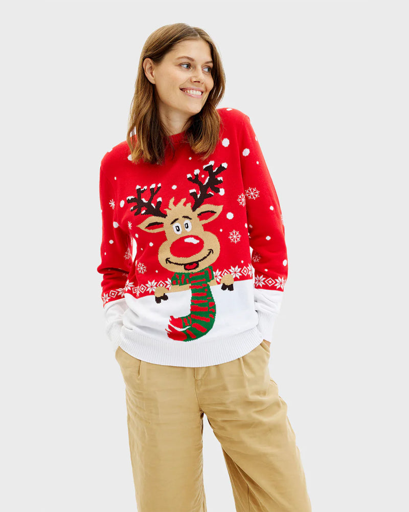 Organic Cotton Womens Christmas Jumper Reindeer with Scarf