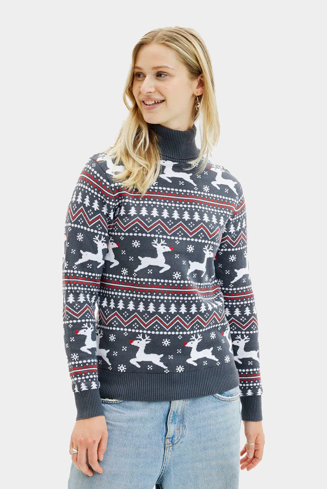 Organic Cotton Women's Grey Christmas Jumper with Reindeers Turtleneck