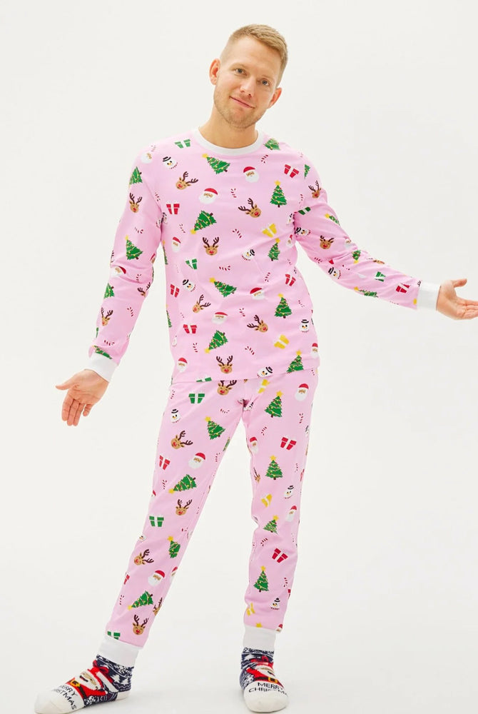 Pink Christmas Pyjama Men Family with Christmas Motifs