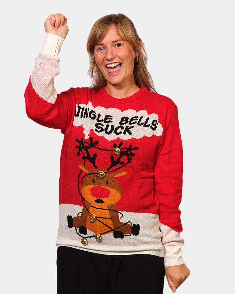 womens Red 3D Couple's Jingle Bells Suck Christmas Jumper