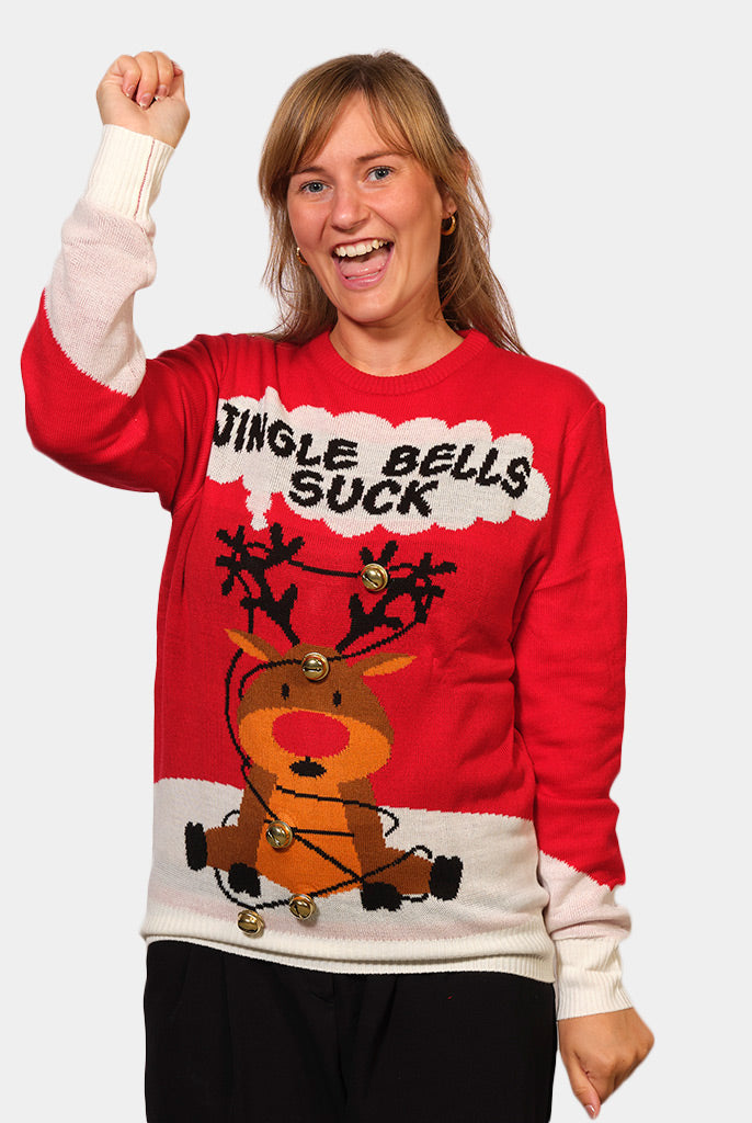 womens Red 3D Couple's Jingle Bells Suck Christmas Jumper