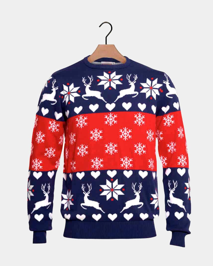Red and Blue Men's Christmas Jumper with Reindeers and Hearts