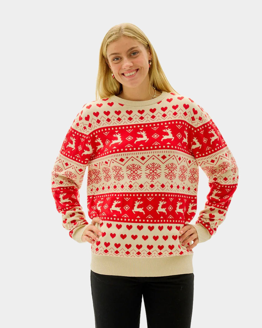 Red & Beige Organic Cotton Women's Christmas Jumper with Hearts