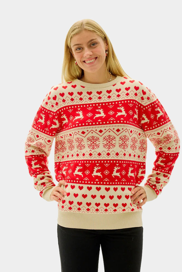 Red & Beige Organic Cotton Women's Christmas Jumper with Hearts