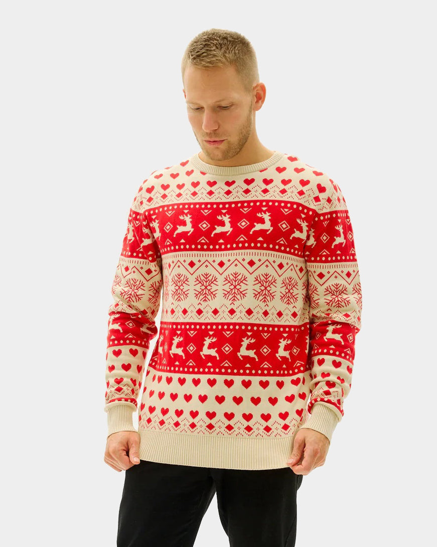 mens Red & Beige Organic Cotton Couple's Christmas Jumper with Hearts