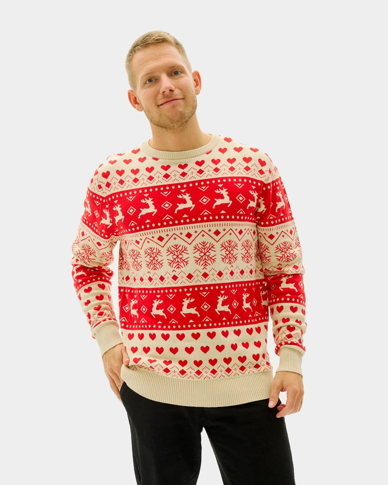 Red & Beige Organic Cotton Men's Christmas Jumper with Hearts