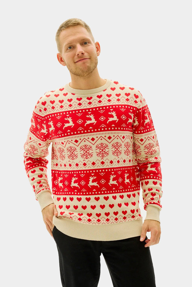 Red & Beige Organic Cotton Womens Christmas Jumper with Hearts Mens