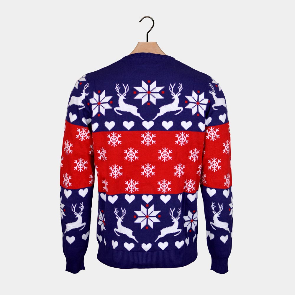 Red and Blue Christmas Jumper with Reindeers and Hearts Back