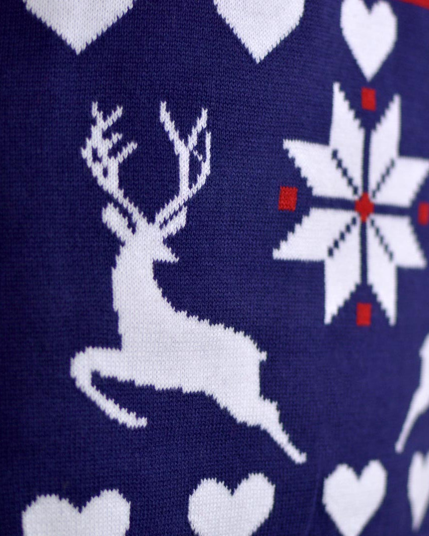detail Red and Blue Women's Christmas Jumper with Reindeers and Hearts