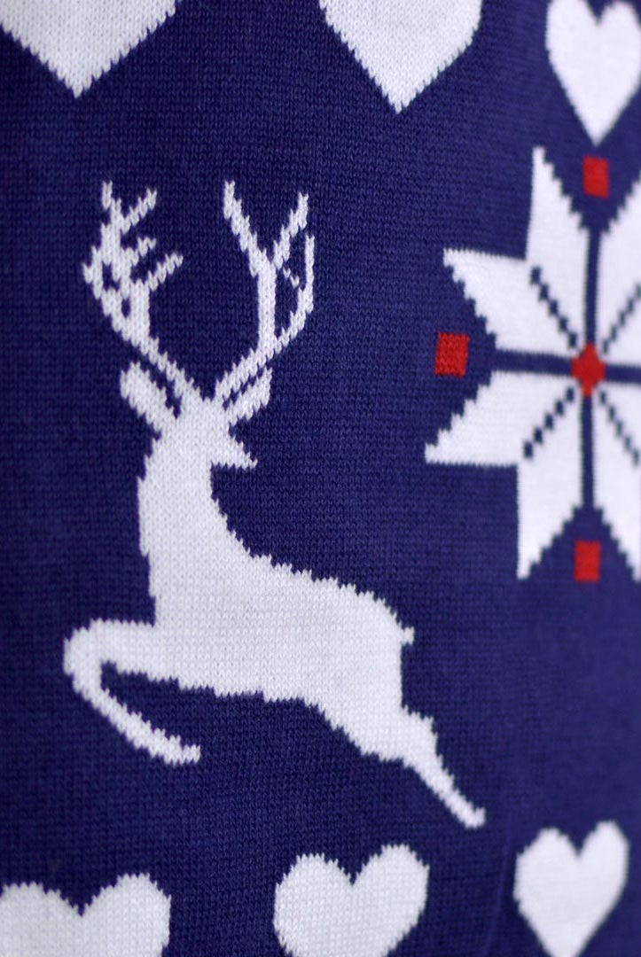 detail Red and Blue Women's Christmas Jumper with Reindeers and Hearts