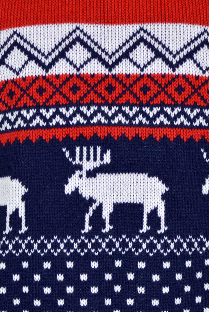 detail Red and Blue Couple's Christmas Jumper with Reindeers
