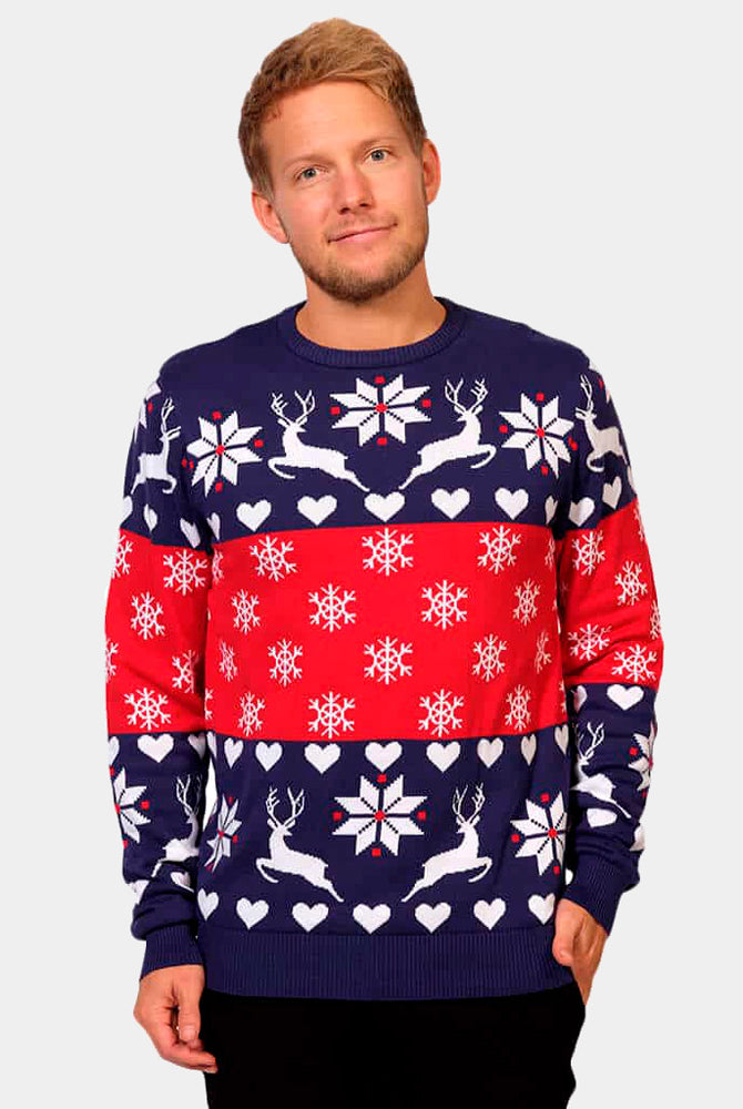 mens Red and Blue Couple's Christmas Jumper with Reindeers and Hearts