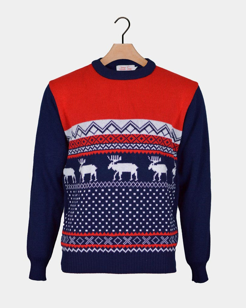 Red and Blue Couple's Christmas Jumper with Reindeers