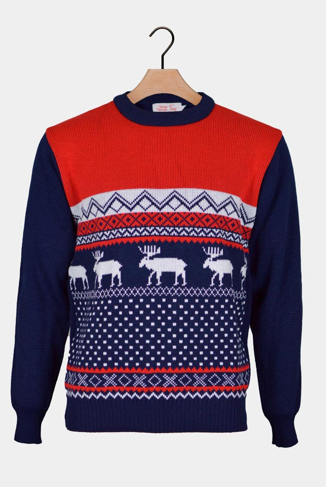 Red and Blue Couple's Christmas Jumper with Reindeers