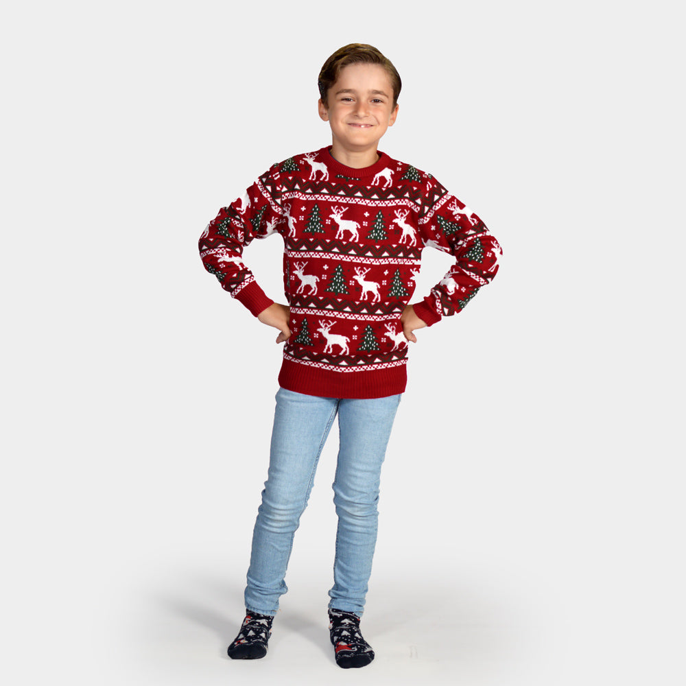 Red Boys Christmas Jumper Reindeers and Christmas Trees
