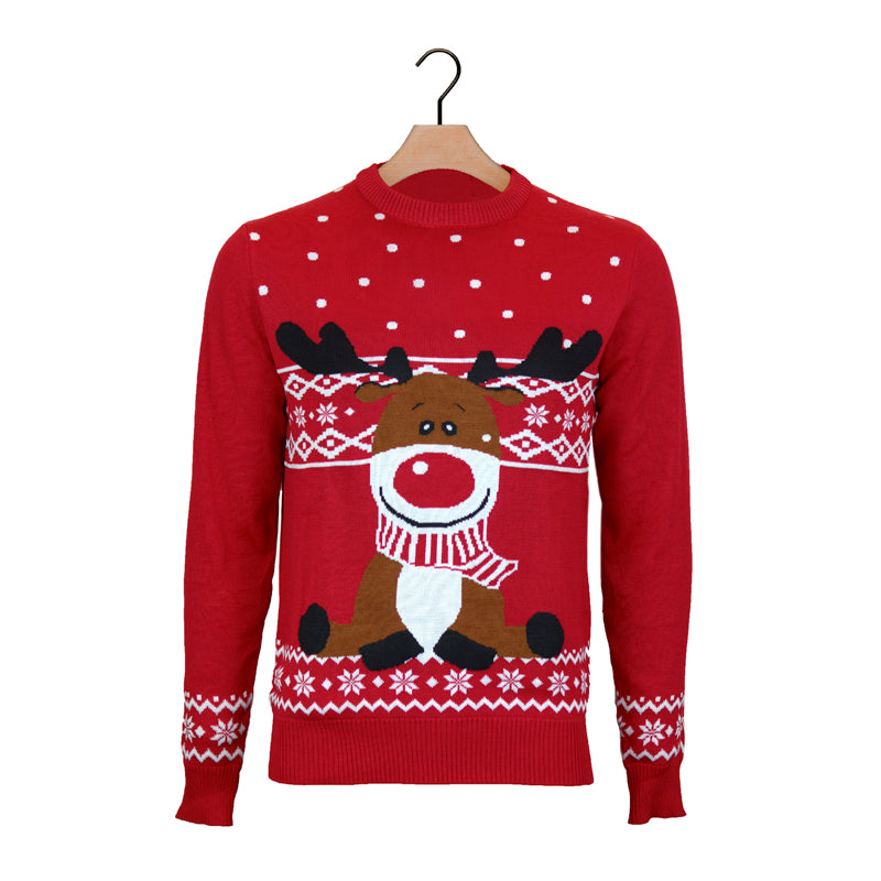 Red Boys and Girls Christmas Jumper with Rudolph the Happy Reindeer