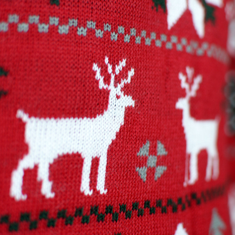detail Red Men's Christmas Jumper with Reindeers, Trees and Polar Star