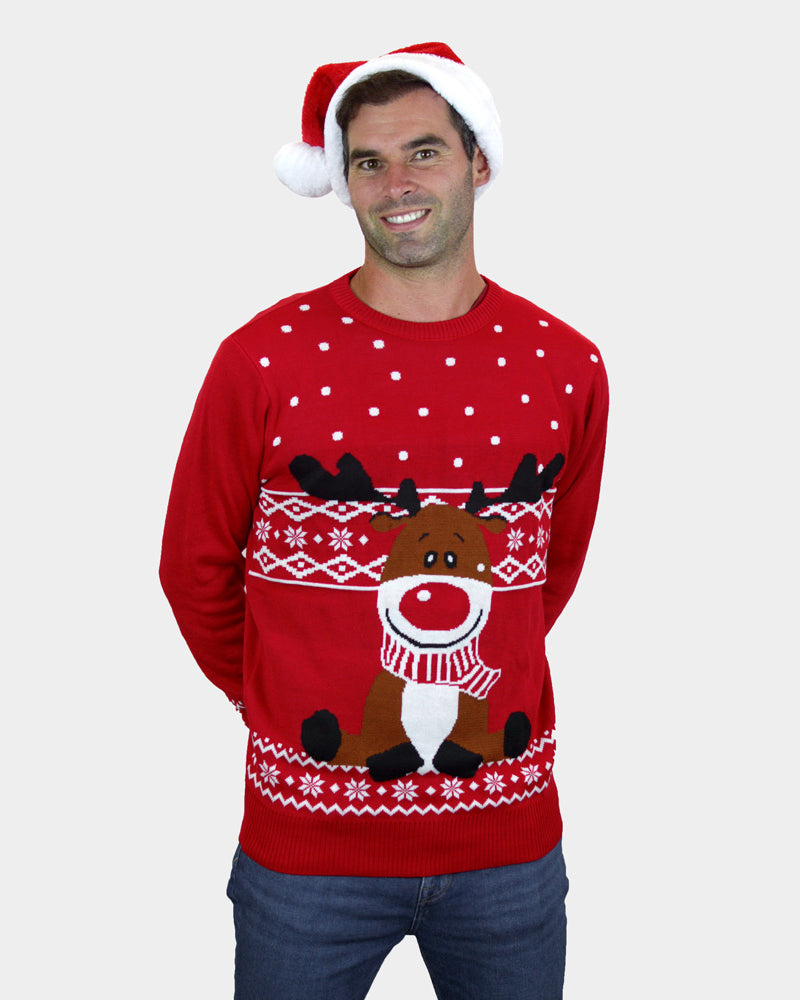 Mens Red Christmas Jumper with Rudolph the Happy Reindeer
