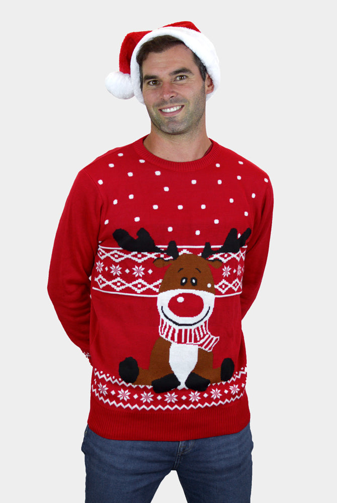 Mens Red Christmas Jumper with Rudolph the Happy Reindeer