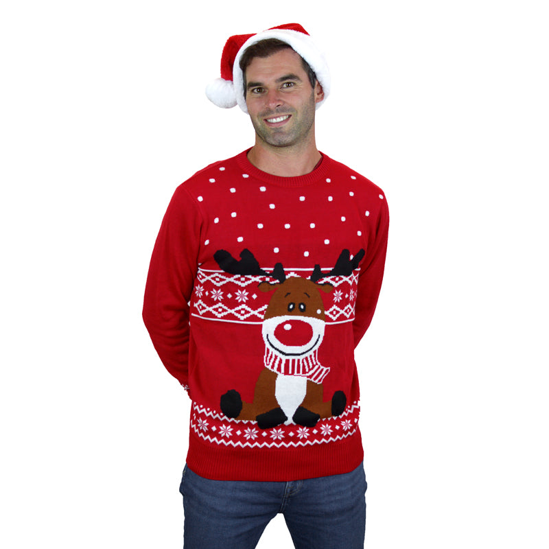 Mens Red Christmas Jumper with Rudolph the Happy Reindeer