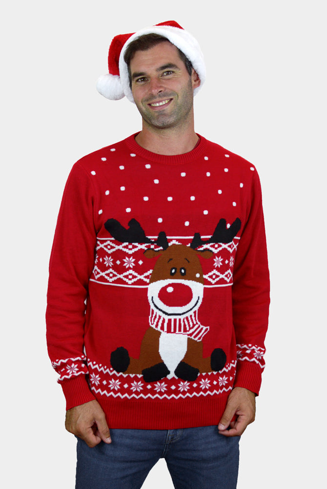 Red Christmas Jumper with Rudolph the Happy Reindeer mens