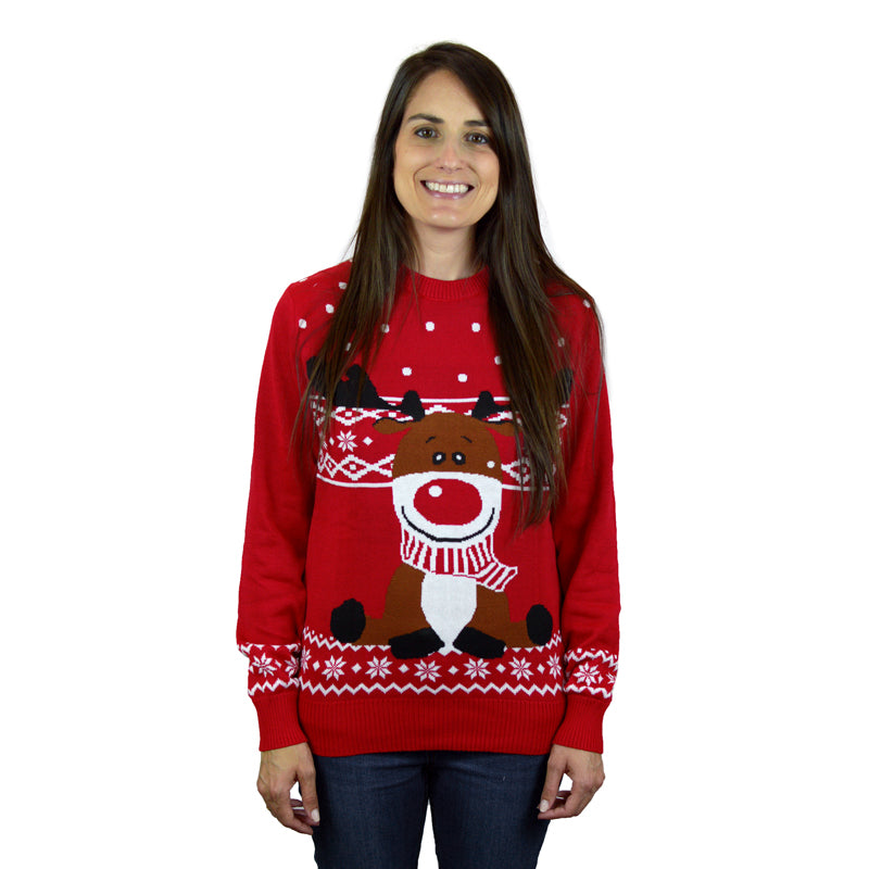 Womens Red Christmas Jumper with Rudolph the Happy Reindeer