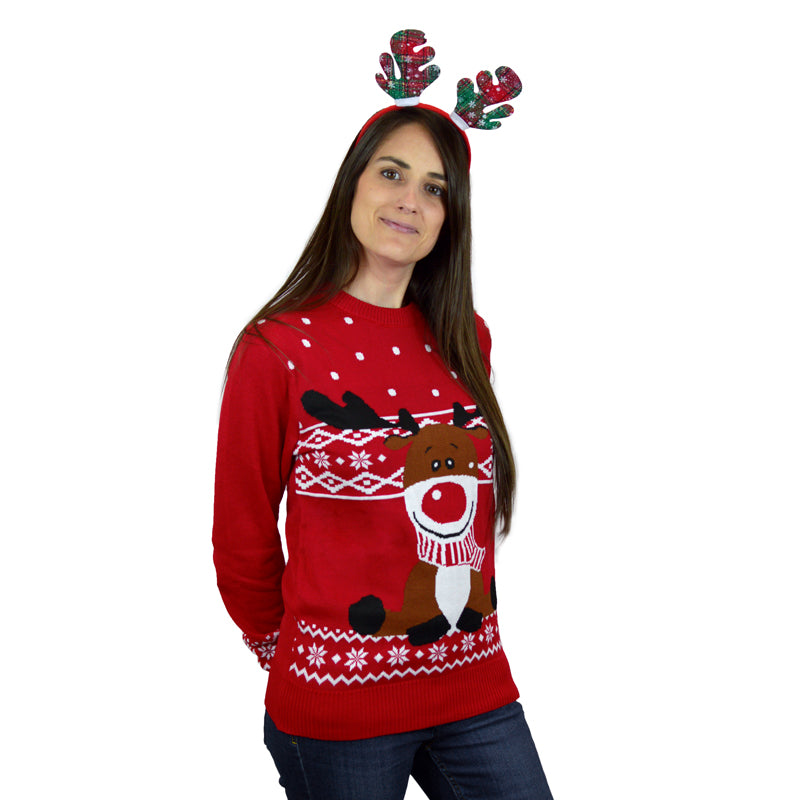 Red Christmas Jumper with Rudolph the Happy Reindeer womens