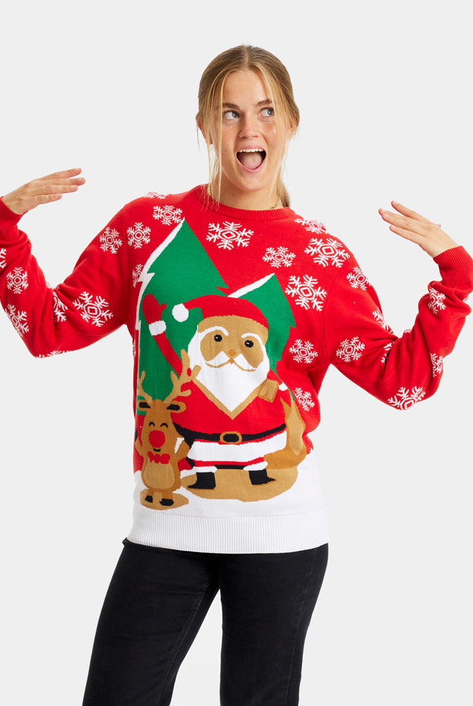 Red Women's Christmas Jumper with Santa and Reindeer Greeting