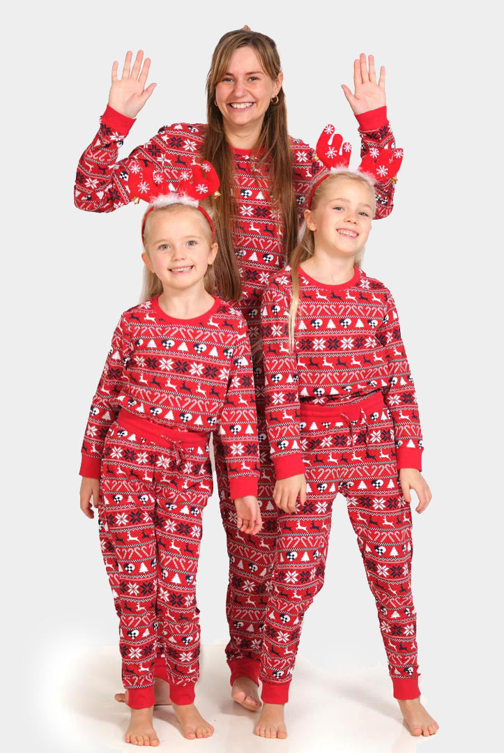 Red Christmas Pyjama for Children with Reindeer and Trees and Womens