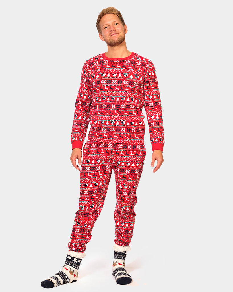 Red Christmas Pyjama for Men with Reindeer and Trees