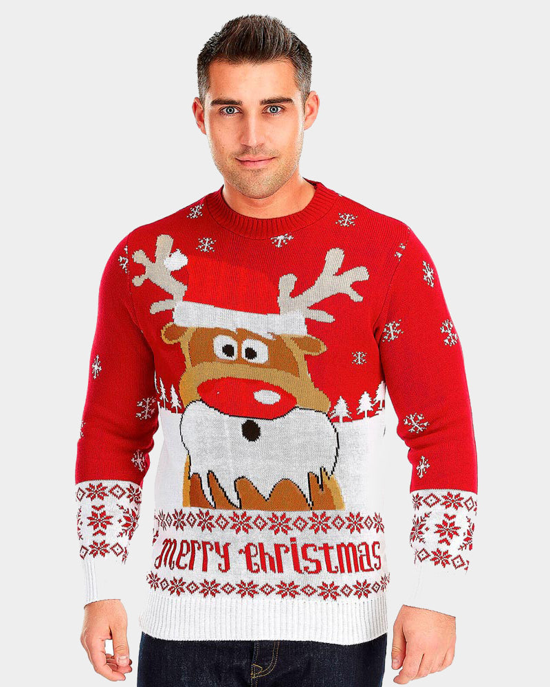 mens Red Couple's Christmas Jumper with Reindeer