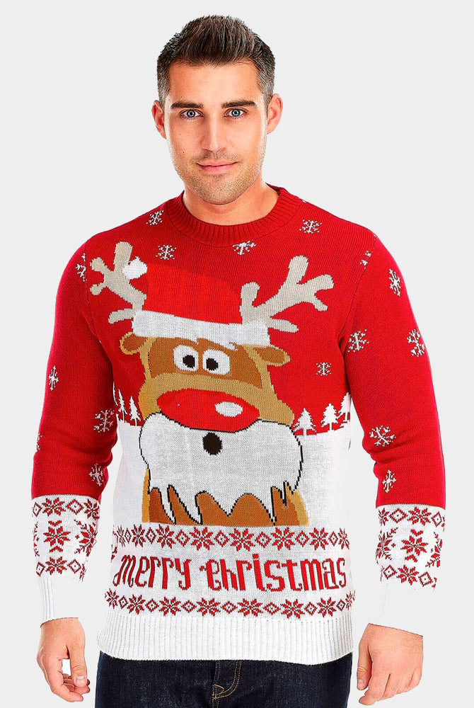 mens Red Couple's Christmas Jumper with Reindeer