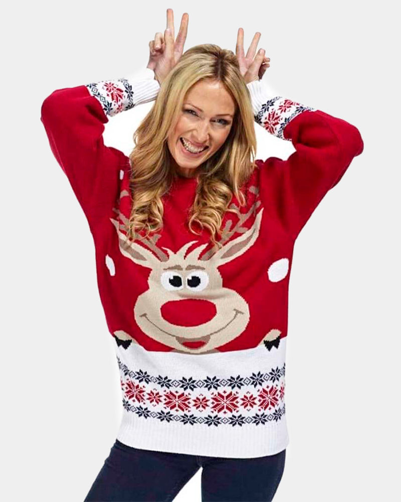 Red Couple's Christmas Jumper with Reindeer and Snow womens