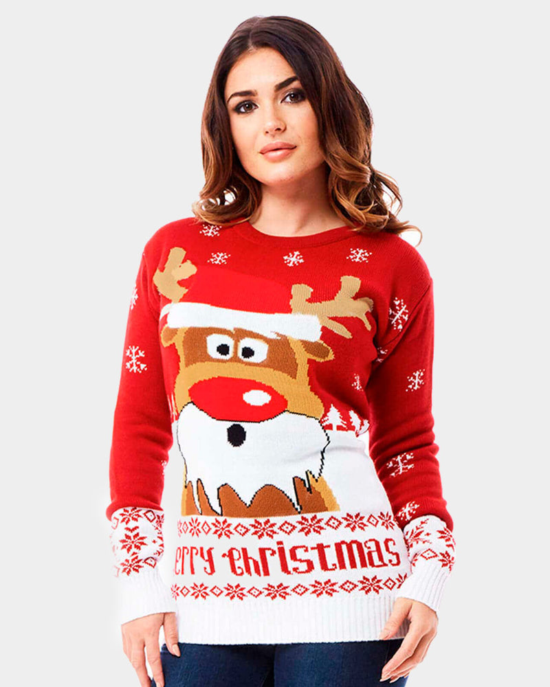 womens Red Couple's Christmas Jumper with Reindeer