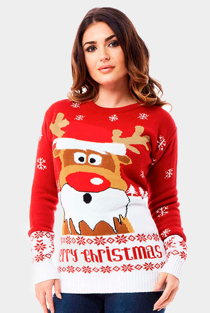 womens Red Couple's Christmas Jumper with Reindeer
