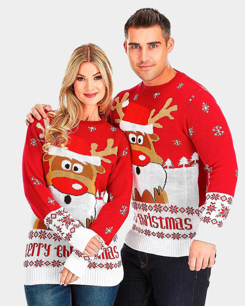 Red Couple's Christmas Jumper with Reindeer