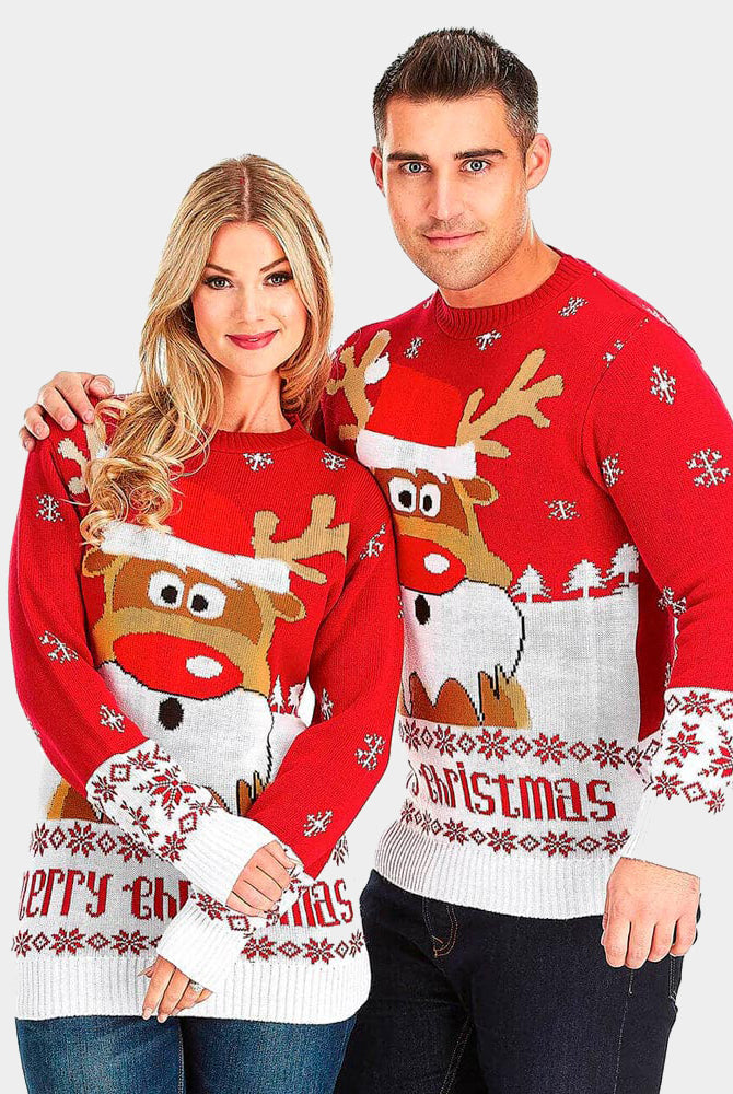 Red Couple's Christmas Jumper with Reindeer