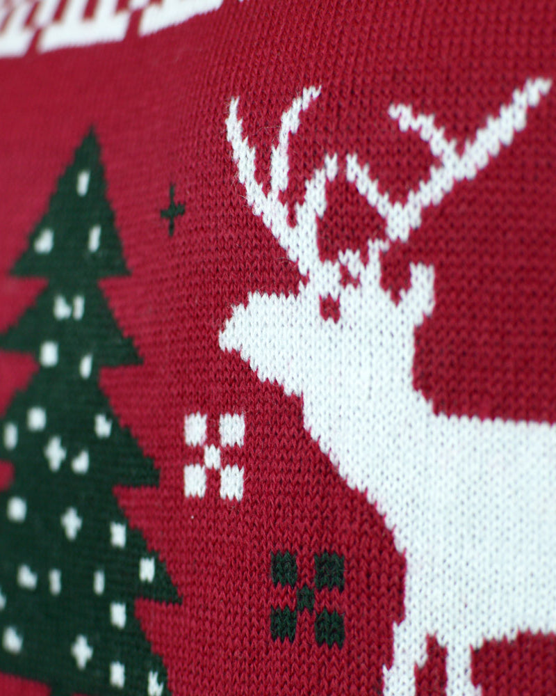 Red Couple's Christmas Jumper with Reindeers and Christmas Trees detail