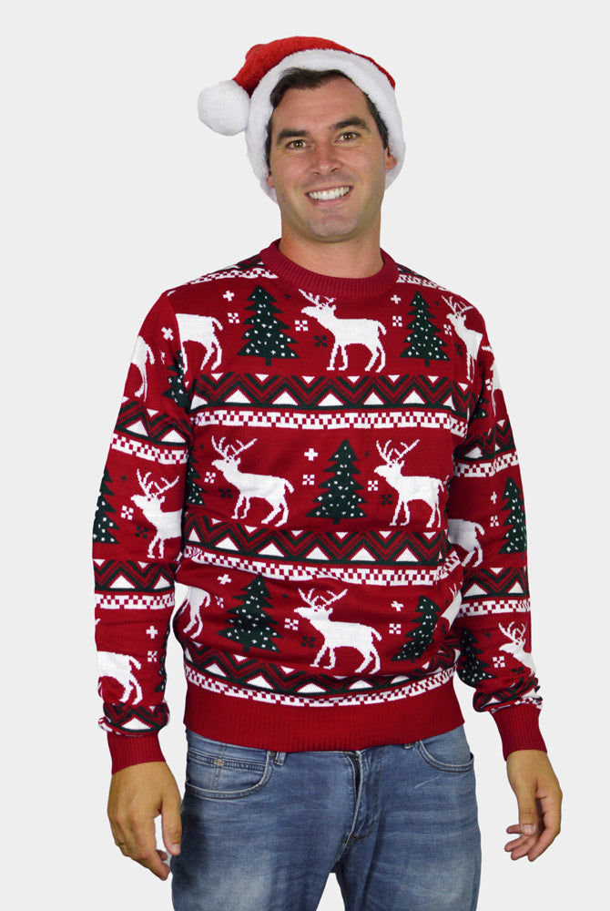 Red Couple's Christmas Jumper with Reindeers and Christmas Trees mens