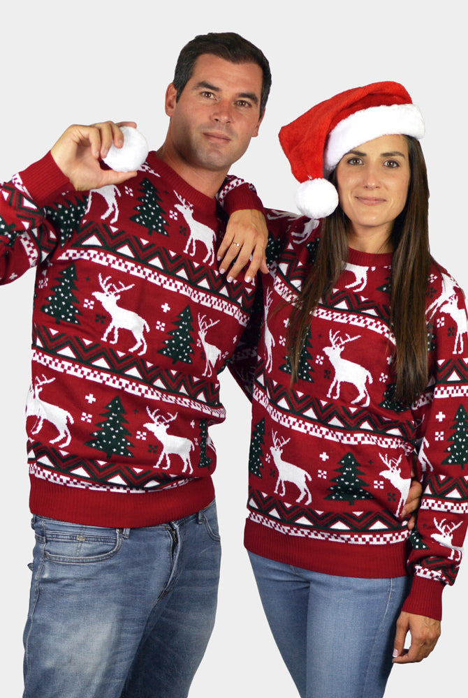 Red Couple's Christmas Jumper with Reindeers and Christmas Trees